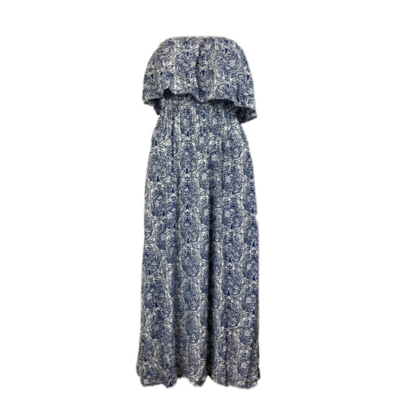 Yidarton Dress Womens Sz M White Blue Floral Print Strapless‎ Ruffle Maxi - Picture 1 of 10